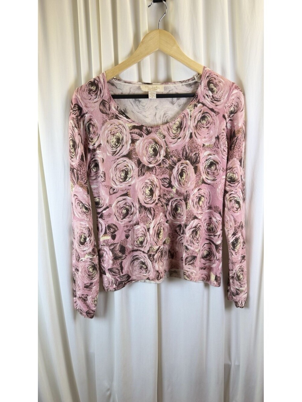 Mainbocher Pure Cashmere Pink Rose Floral Print Long Sleeve Sweater Top Women XL